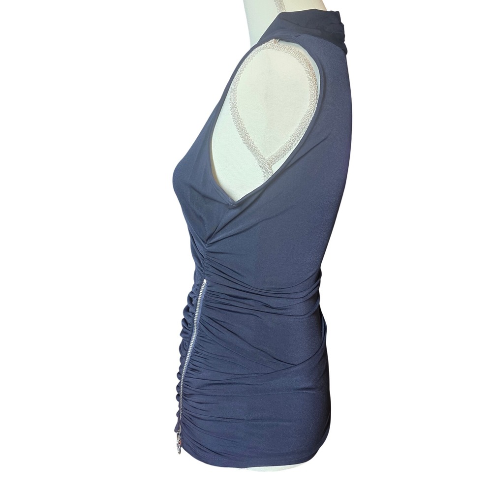 Michael Kors Sleeveless Drape Neck Ruched Zipper Top Navy Blue Size S - Picture 10 of 11